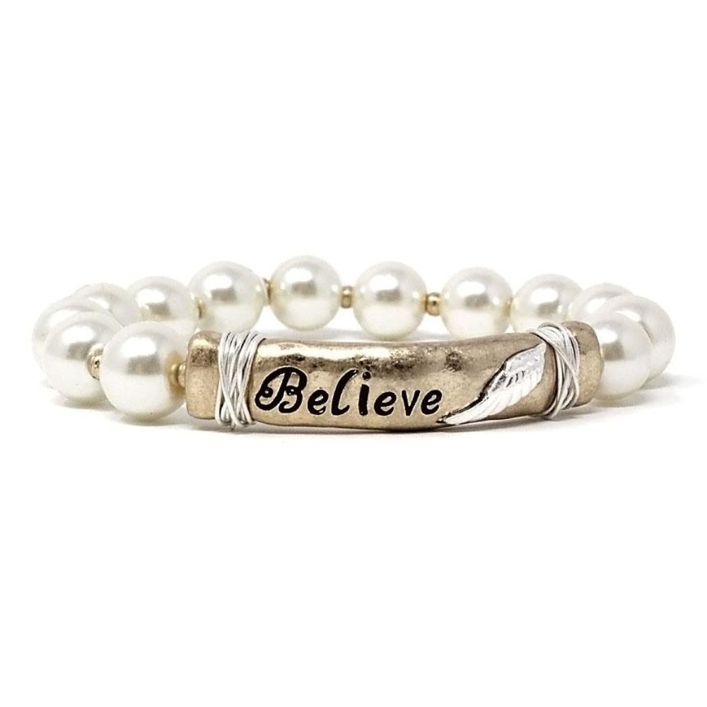 PEARL & MESSAGE BAR BRACELET - BELIEVE